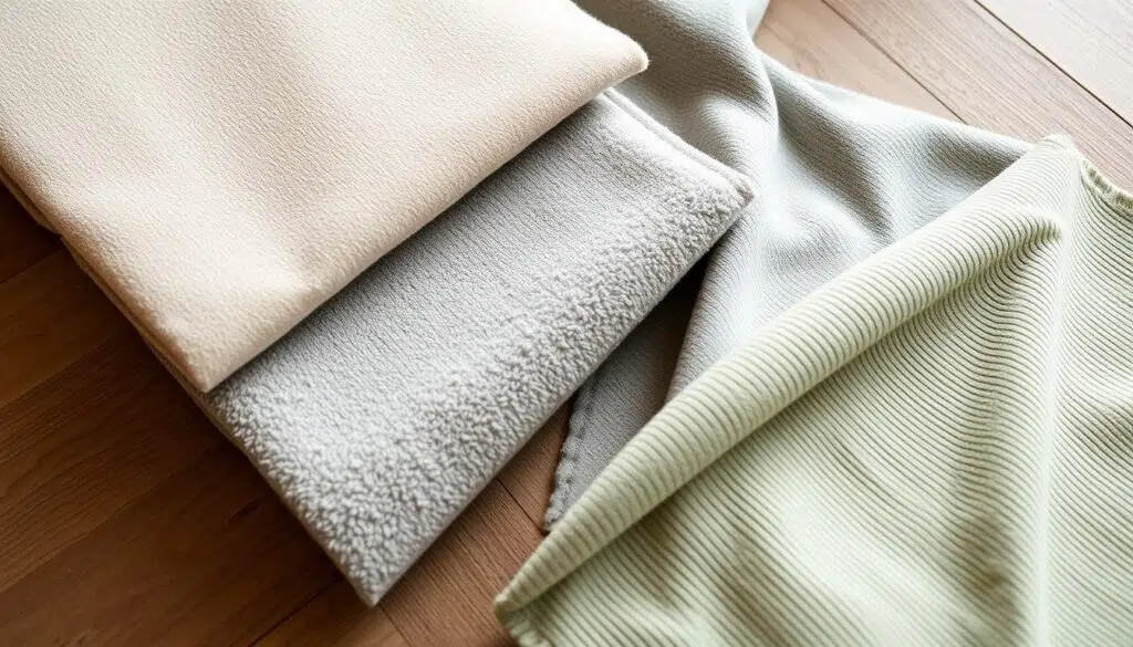 Verschillende stoffen voor eetkamerstoelen waaronder velvet, bouclé en ribstof