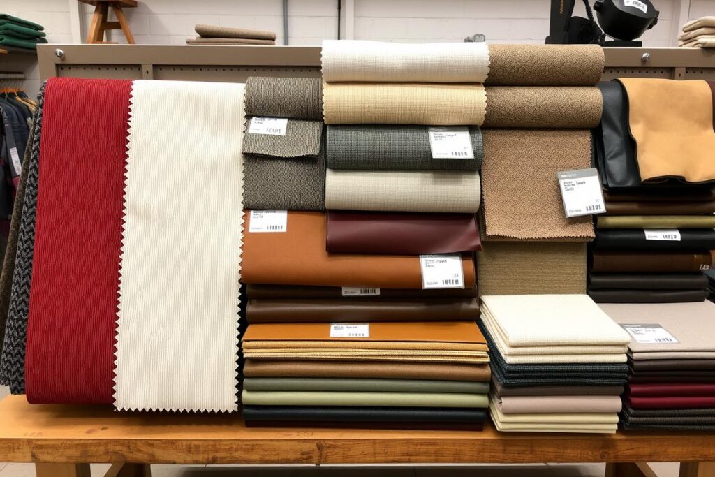 Verschillende stofferingsmaterialen zoals stof, leer en kunstleer met prijskaartjes Verschillende stofferingsmaterialen zoals stof, leer en kunstleer met prijskaartjes