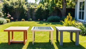 Verschillende tafels die buiten blijven staan in een zonnige tuin, waaronder teak, aluminium en kunststof modellen