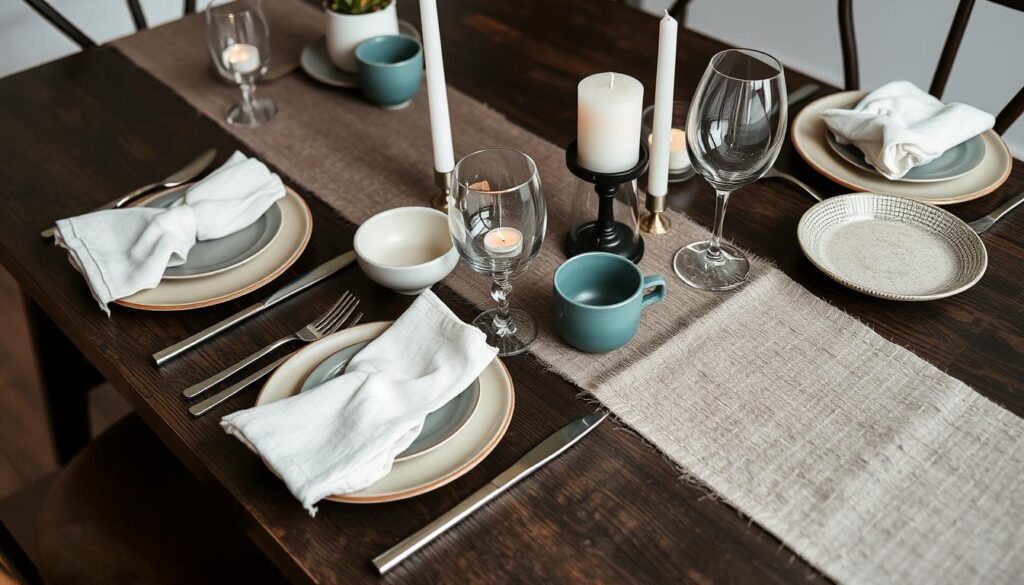 Verschillende texturen en accessoires die donkerbruine tafel complementeren Verschillende texturen en accessoires die donkerbruine tafel complementeren