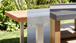Verschillende tuintafel materialen die buiten kunnen blijven staan, waaronder teakhout, aluminium en kunststof