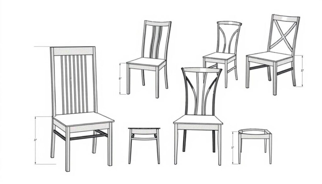 Verschillende typen eetkamerstoelen met labels voor de verschillende onderdelen Verschillende typen eetkamerstoelen met labels voor de verschillende onderdelen
