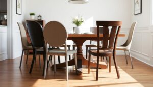 Verschillende typen eetkamerstoelen zonder armleuningen in een moderne eetkamer