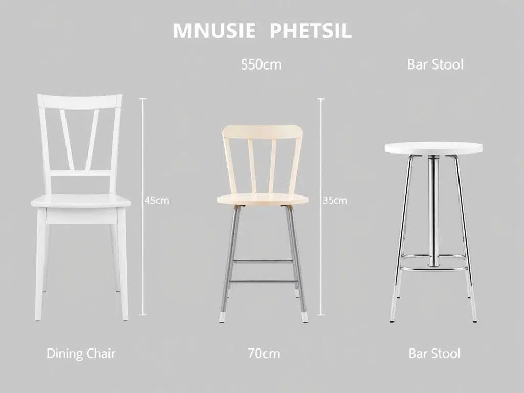 Verschillende types eetkamerstoelen naast elkaar getoond met duidelijke hoogteverschillen Verschillende types eetkamerstoelen naast elkaar getoond met duidelijke hoogteverschillen