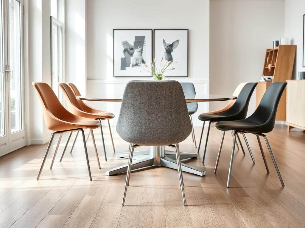 Verschillende types eetkamerstoelen zonder armleuningen in een moderne eetkamer