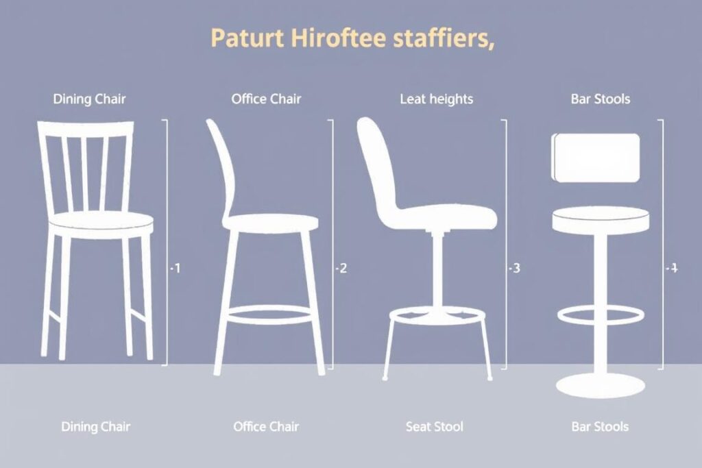 Verschillende types stoelen met hun comfortabele zithoogtes gevisualiseerd Verschillende types stoelen met hun comfortabele zithoogtes gevisualiseerd