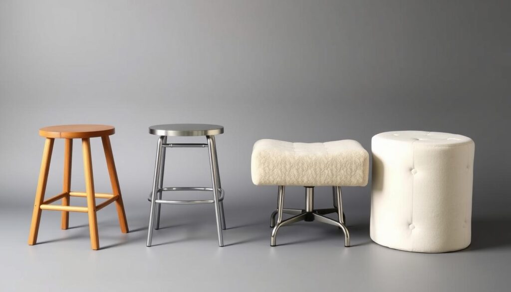 Verschillende types stoelen zonder rugleuning naast elkaar: kruk, barkruk, poef en ergonomische modellen
