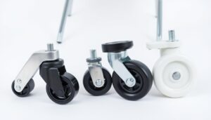 Verschillende types wielen onder stoel waaronder zwenkwielen, rubberen wielen en nylon wielen