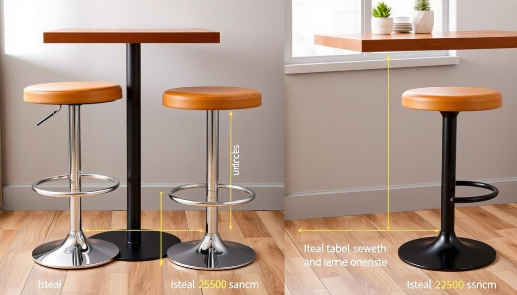 Verstelbare barkruk bij verschillende tafelhoogtes met indicatie van hoe hoog moet mijn stoel zijn vanaf de eettafel Verstelbare barkruk bij verschillende tafelhoogtes met indicatie van hoe hoog moet mijn stoel zijn vanaf de eettafel