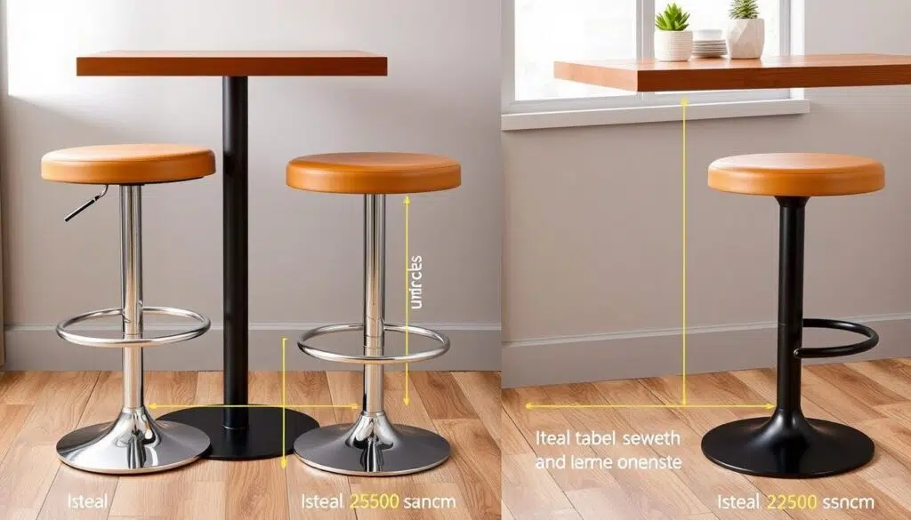 Verstelbare barkruk bij verschillende tafelhoogtes met indicatie van hoe hoog moet mijn stoel zijn vanaf de eettafel Verstelbare barkruk bij verschillende tafelhoogtes met indicatie van hoe hoog moet mijn stoel zijn vanaf de eettafel