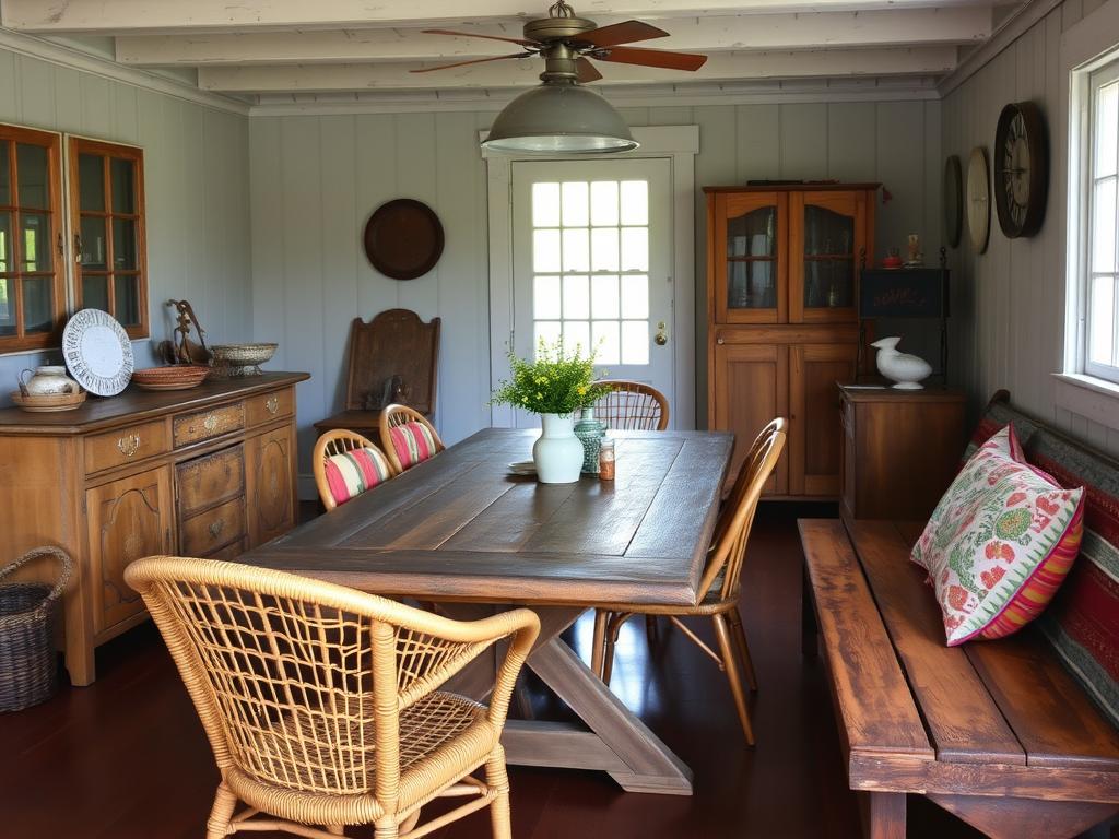 Vintage meubels in een Bohemische Strandhuisstijl eetkamer