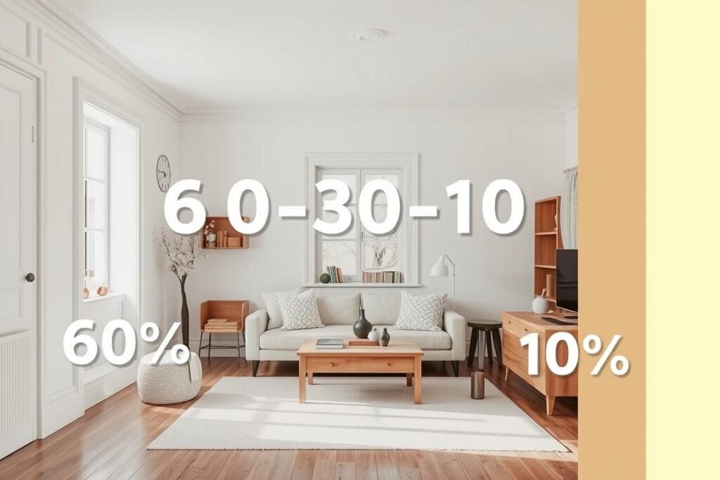 Visualisatie van de 60-30-10 kleurenregel in een Scandinavisch interieur Visualisatie van de 60-30-10 kleurenregel in een Scandinavisch interieur