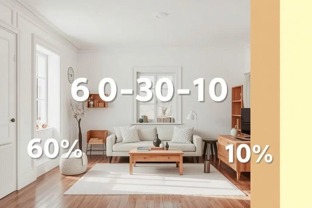 Visualisatie van de 60-30-10 kleurenregel in een Scandinavisch interieur Visualisatie van de 60-30-10 kleurenregel in een Scandinavisch interieur