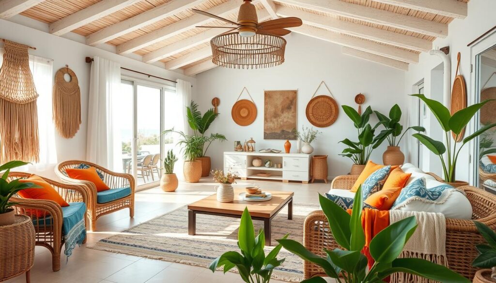 Volledig ingericht interieur in Bohemische Strandhuisstijl met alle besproken elementen Volledig ingericht interieur in Bohemische woonstijl met alle besproken elementen