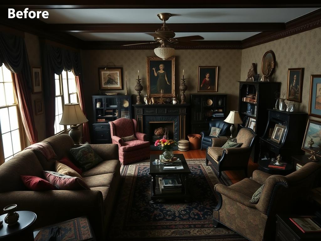 Voor: Traditionele woonkamer met donkere meubels en drukke decoratie Voor: Traditionele woonkamer met donkere meubels en drukke decoratie