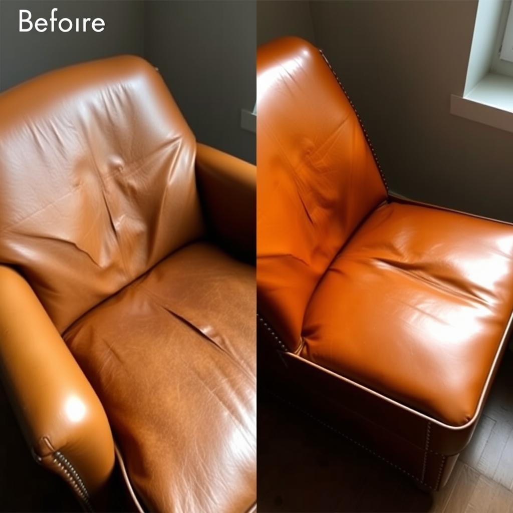 Voor en na foto van leren stoelen onderhoud resultaat Voor en na foto van leren stoelen onderhoud resultaat