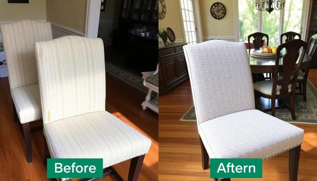 Voor en na foto van opnieuw beklede eetkamerstoelen Voor en na foto van opnieuw beklede eetkamerstoelen