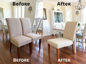 Voor en na foto van opnieuw beklede eetkamerstoelen