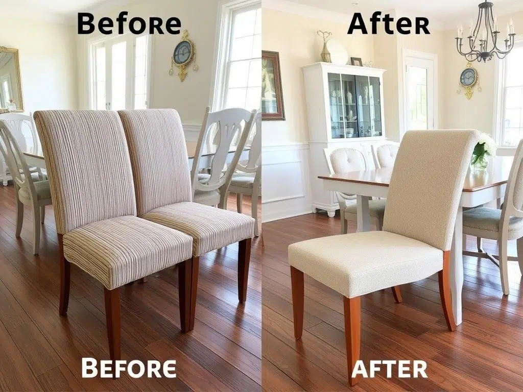 Voor en na foto van opnieuw beklede eetkamerstoelen