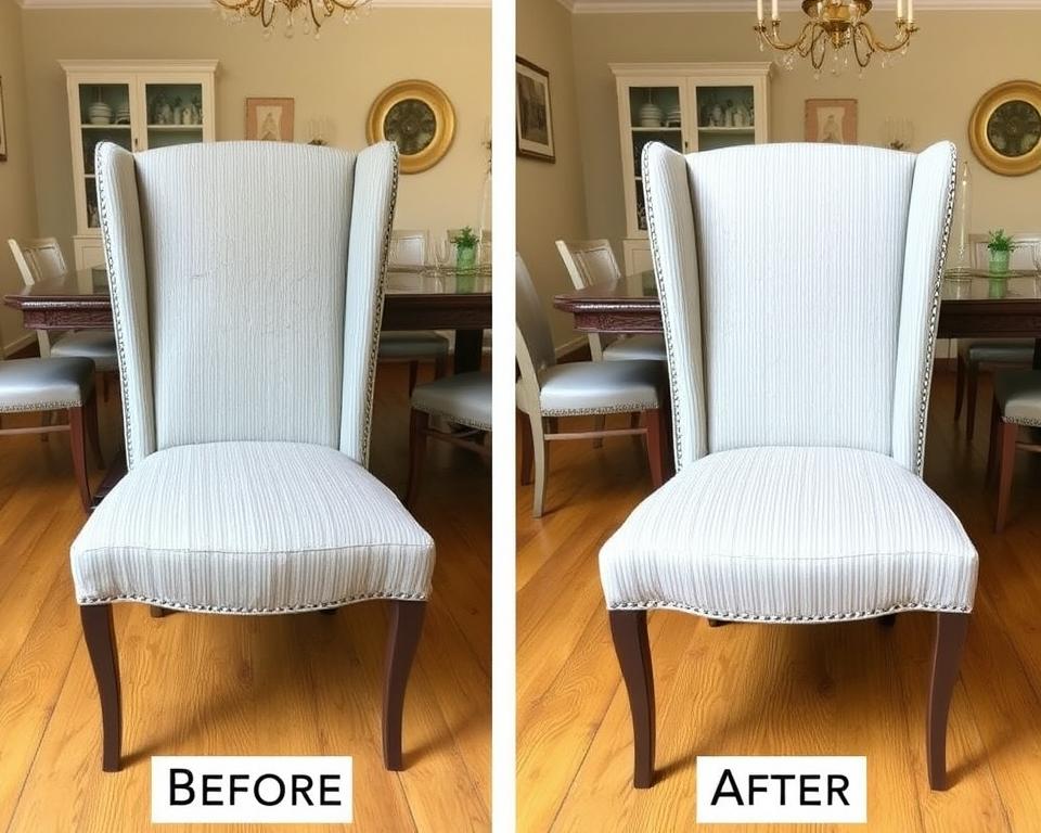 Voor en na foto van opnieuw beklede eetkamerstoelen Voor en na foto van opnieuw beklede eetkamerstoelen
