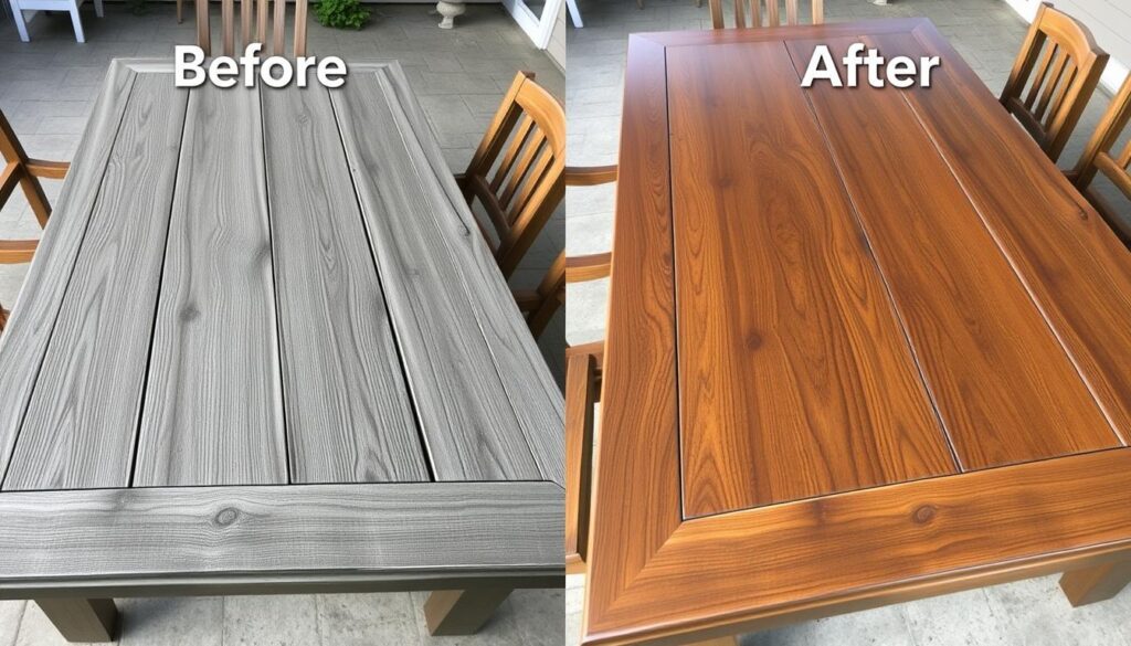 Voor en na het behandelen van een houten tuintafel