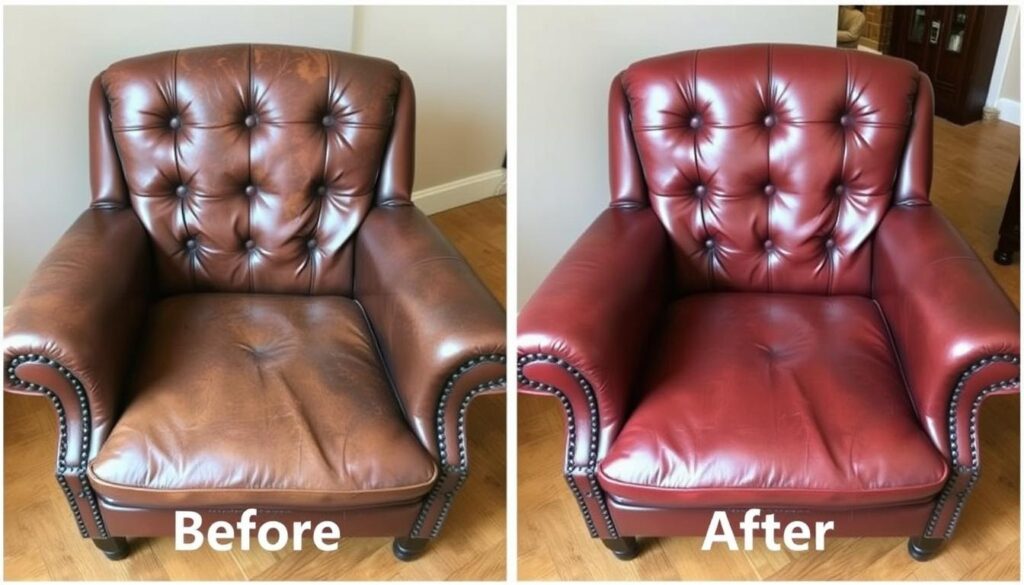 Voor en na resultaat van leerkleur opfrissen op een klassieke leren fauteuil Voor en na resultaat van leerkleur opfrissen op een klassieke leren fauteuil
