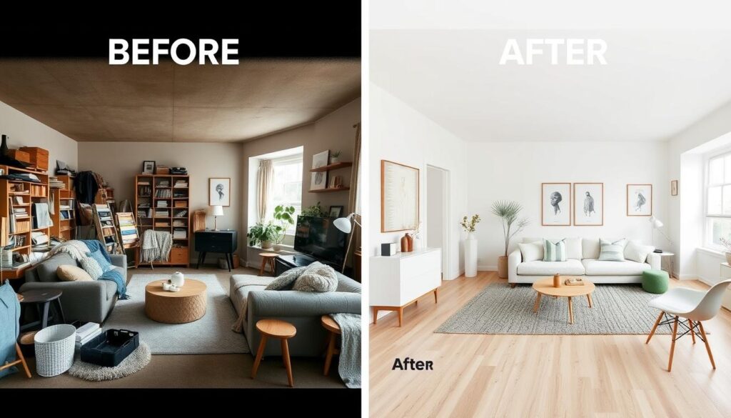 Voor en na transformatie naar Scandinavische woonstijl Voor en na transformatie naar Scandinavische woonstijl