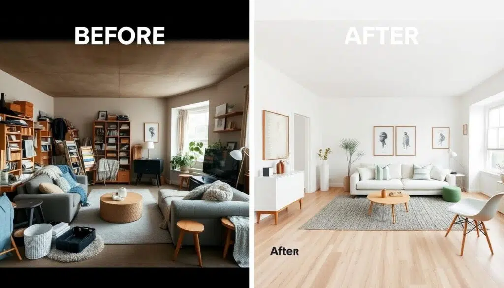 Voor en na transformatie naar Scandinavische woonstijl Voor en na transformatie naar Scandinavische woonstijl