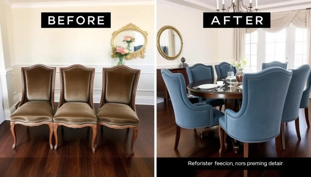 Voor en na van een set van 4 luxe eetkamerstoelen Voor en na van een set van 4 luxe eetkamerstoelen