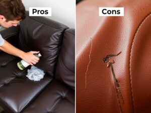 Voor- en nadelen van azijn voor leerreiniging gevisualiseerd met leren items en schoonmaakmiddelen