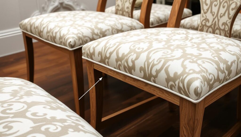 Voorbeeld van patroonuitlijning bij het bekleden van stoelen Voorbeeld van patroonuitlijning bij het bekleden van stoelen