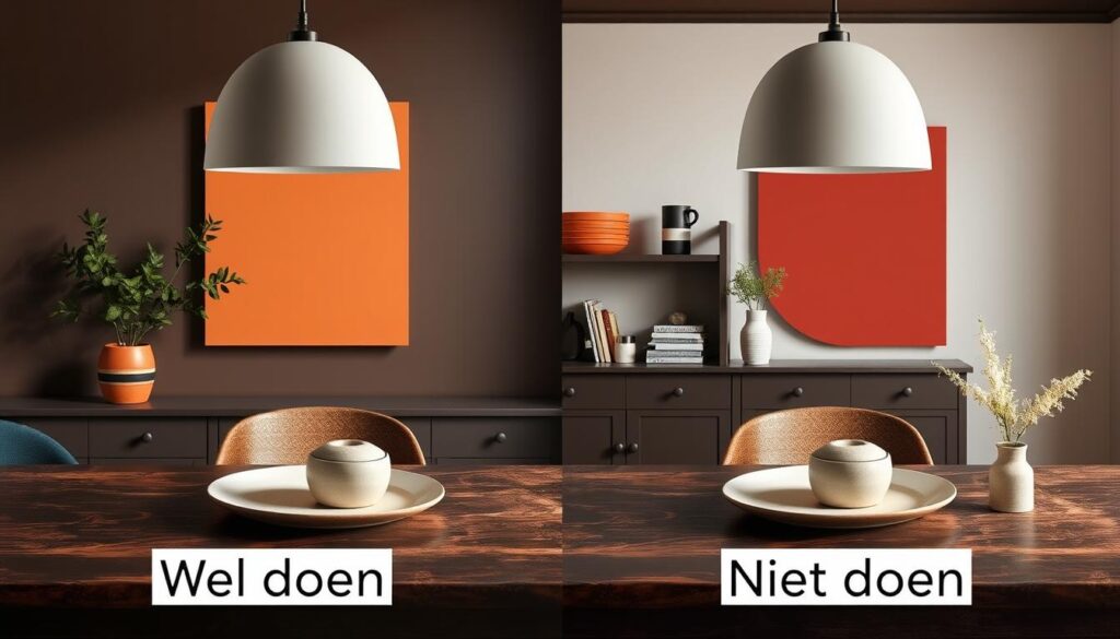 Voorbeelden van te vermijden kleurencombinaties met donkerbruine tafel Voorbeelden van te vermijden kleurencombinaties met donkerbruine tafel