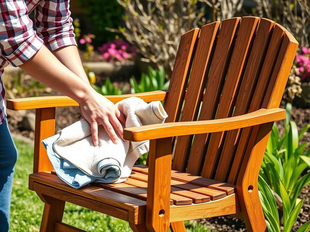 Voorjaarsschoonmaak van tuinmeubelen met een persoon die houten stoelen schoonmaakt in een zonnige tuin