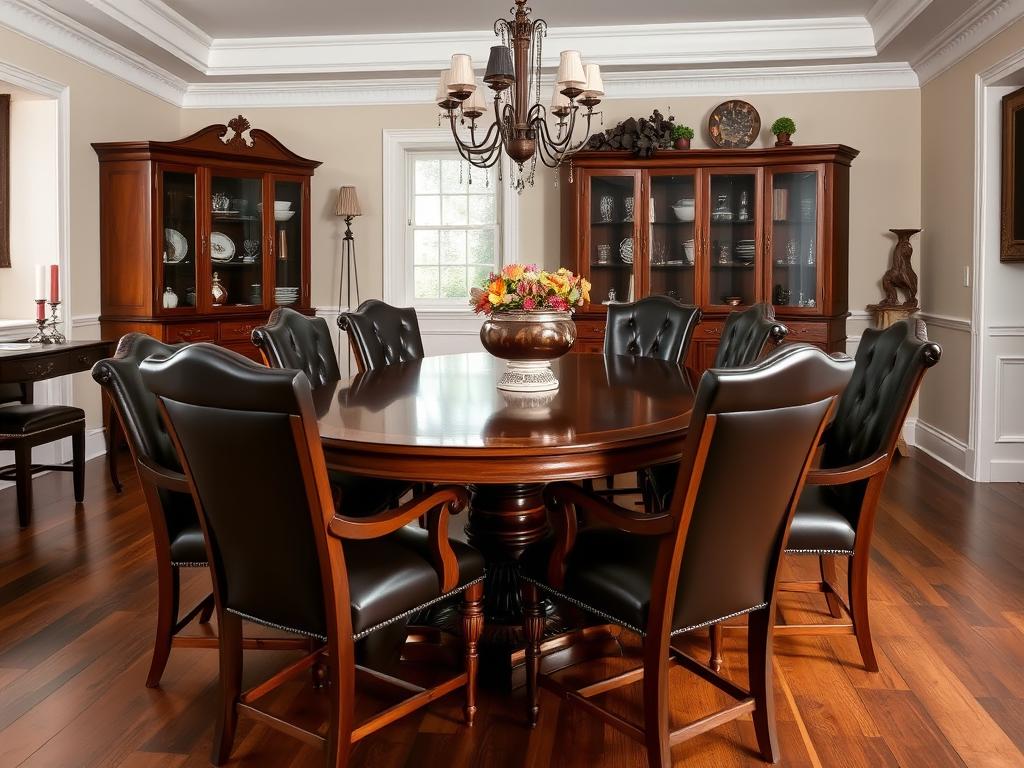 Walnoot tafel met donkerbruine leren stoelen in een klassiek interieur Walnoot tafel met donkerbruine leren stoelen in een klassiek interieur