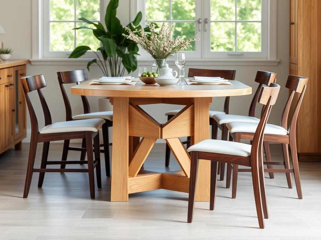 Walnotenhouten stoelen bij een lichte eikenhouten eettafel Walnotenhouten stoelen bij een lichte eikenhouten eettafel