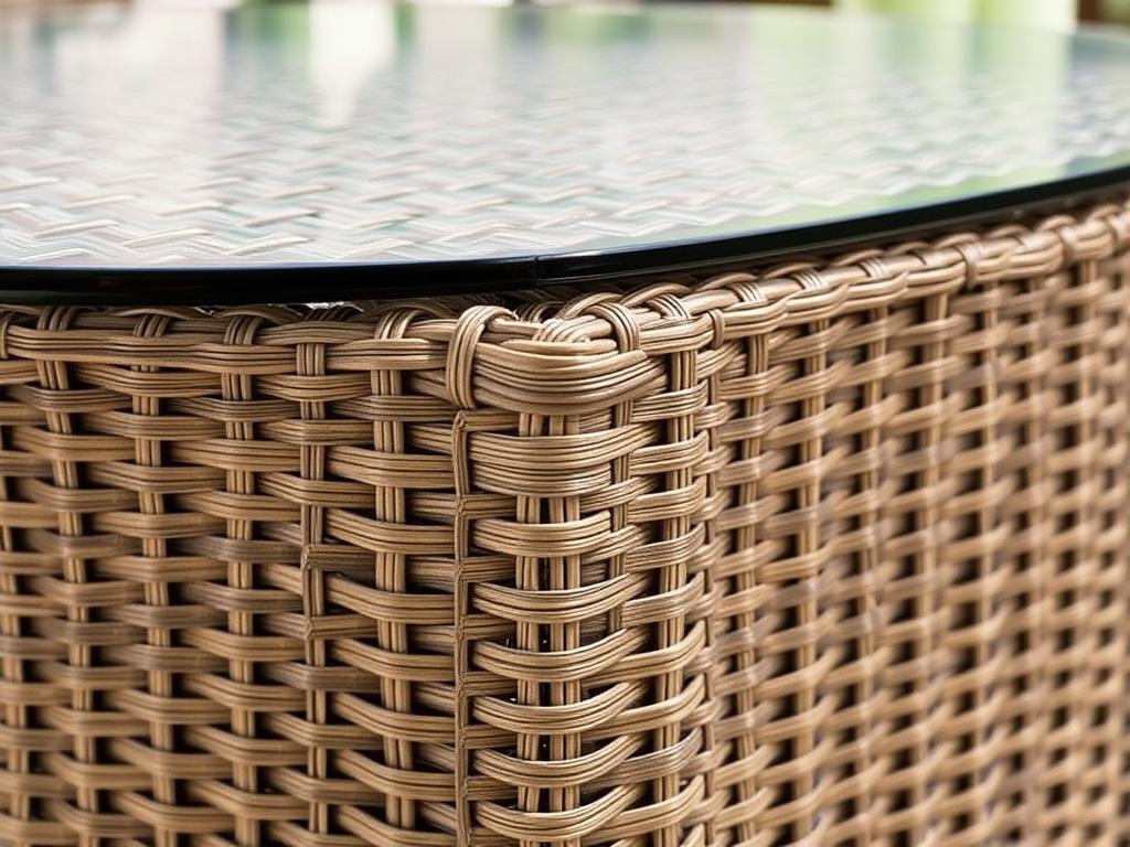 Wicker die buiten blijft staan met gevlochten patroon en glazen tafelblad Wicker die buiten blijft staan met gevlochten patroon en glazen tafelblad
