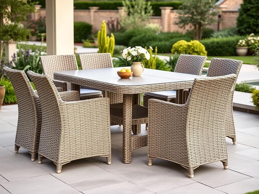 Wicker tuintafel met bijpassende stoelen Wicker tuintafel met bijpassende stoelen