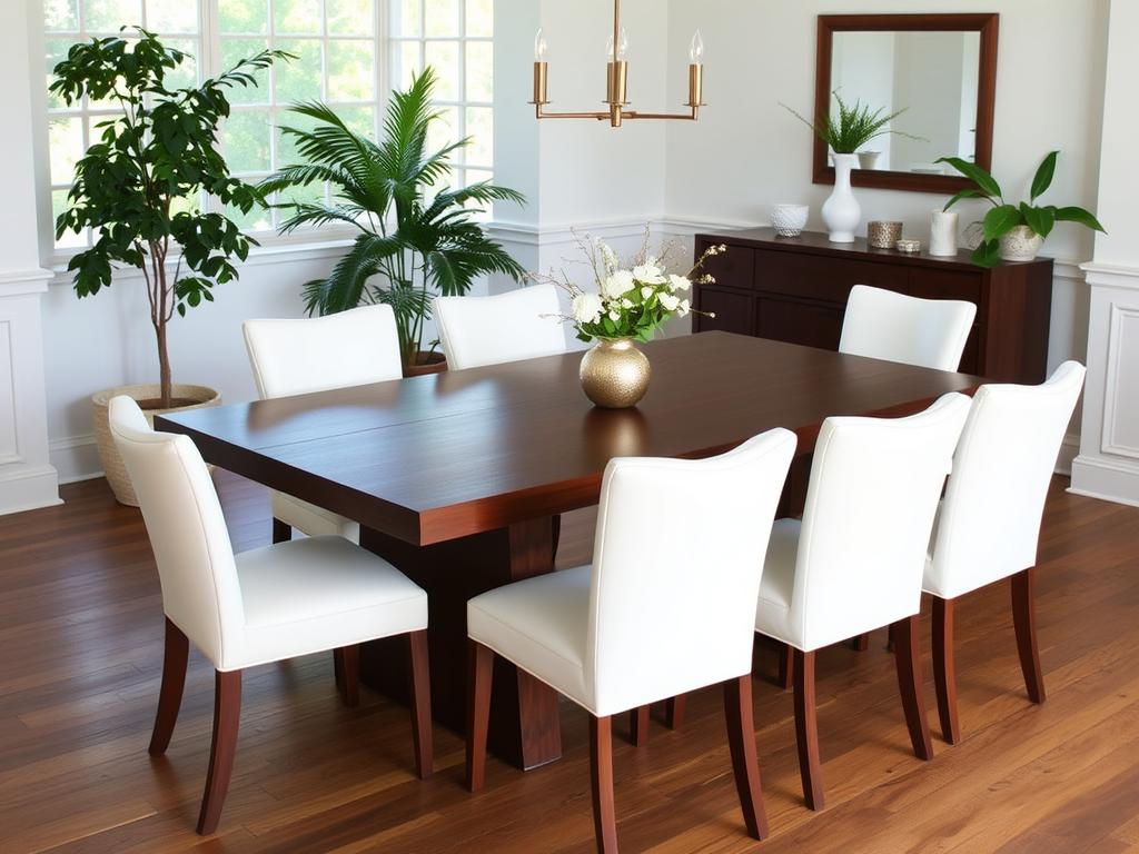 Witte eetkamerstoelen rondom een donkere eettafel in een lichte eetkamer Witte eetkamerstoelen rondom een donkere eettafel in een lichte eetkamer