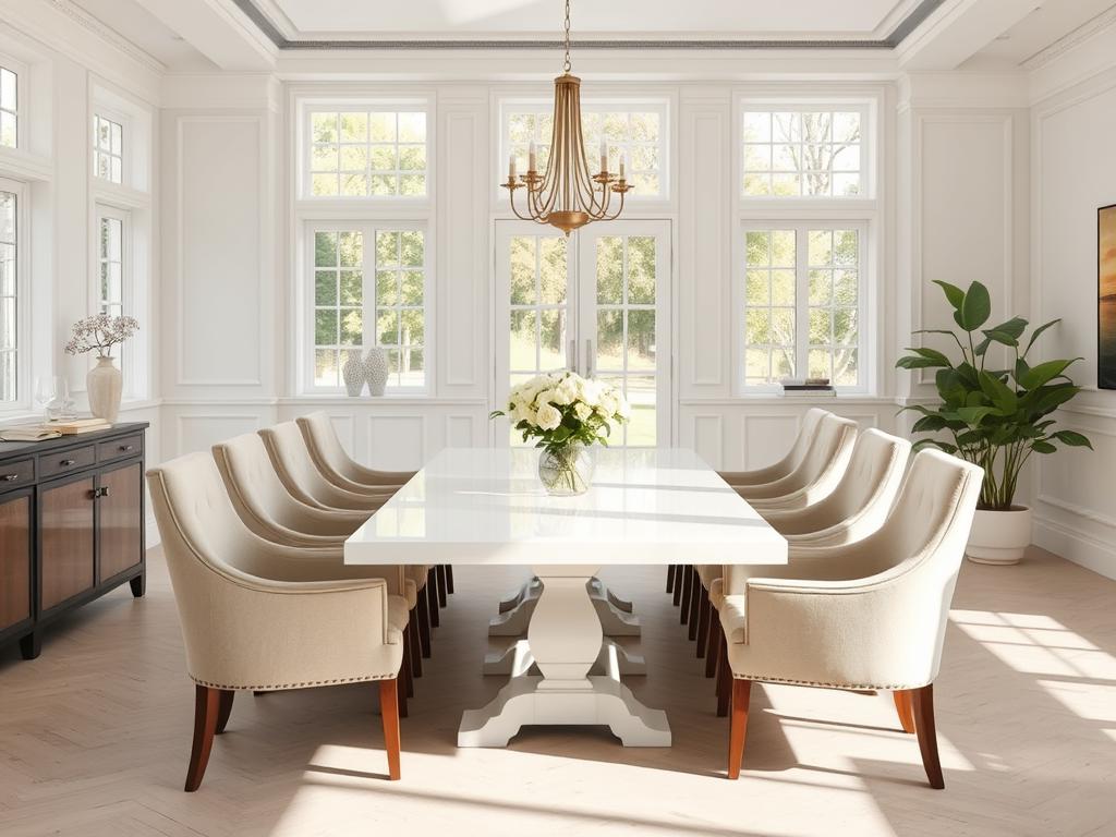 Witte eettafel met beige en grijze stoelen in een lichte eetkamer Witte eettafel met beige en grijze stoelen in een lichte eetkamer