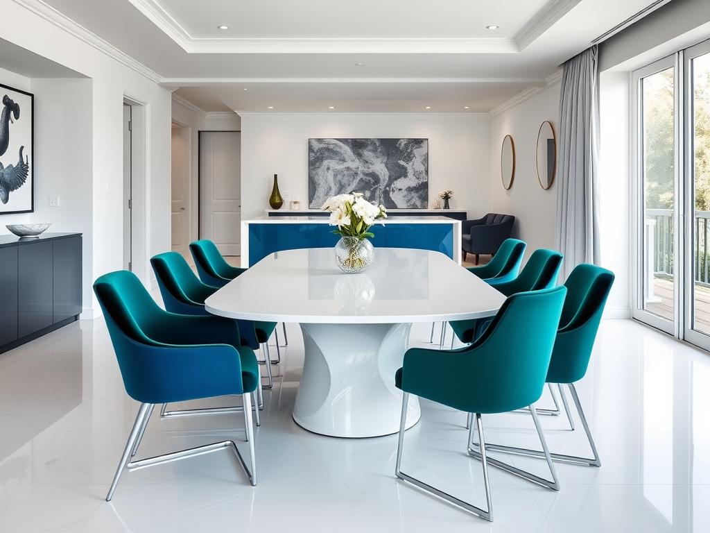 Witte eettafel met blauwe en groene stoelen voor een contrastrijk effect Witte eettafel met blauwe en groene stoelen voor een contrastrijk effect