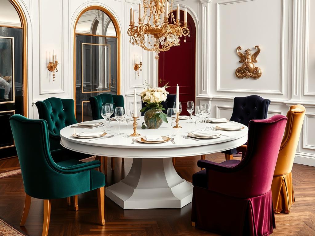Witte eettafel met fluwelen stoelen in verschillende kleuren Witte eettafel met fluwelen stoelen in verschillende kleuren