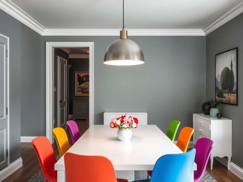 Witte eettafel met gekleurde stoelen en bijpassende hanglamp Witte eettafel met gekleurde stoelen en bijpassende hanglamp