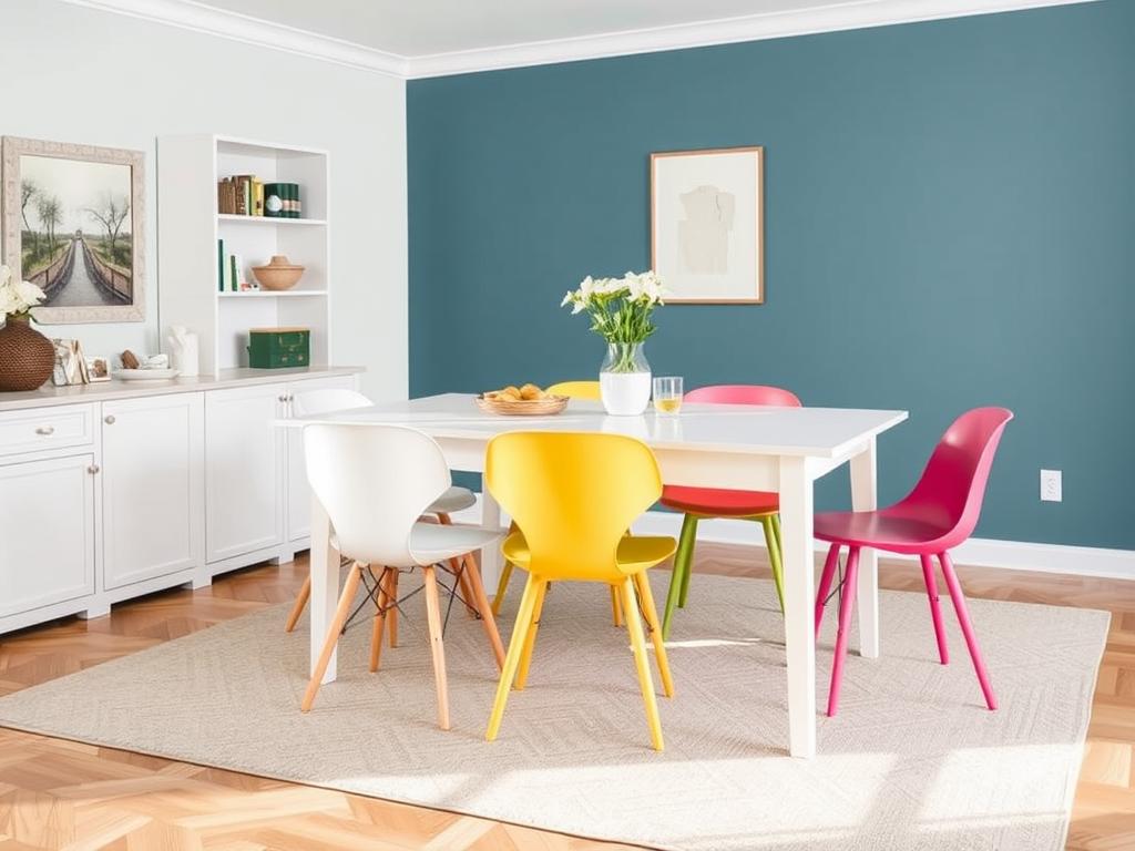 Witte eettafel met gekleurde stoelen op een bijpassend vloerkleed Witte eettafel met gekleurde stoelen op een bijpassend vloerkleed