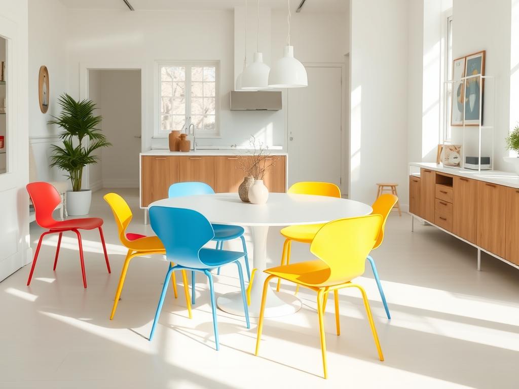 Witte eettafel met kleurrijke kunststof stoelen in een modern interieur Witte eettafel met kleurrijke kunststof stoelen in een modern interieur