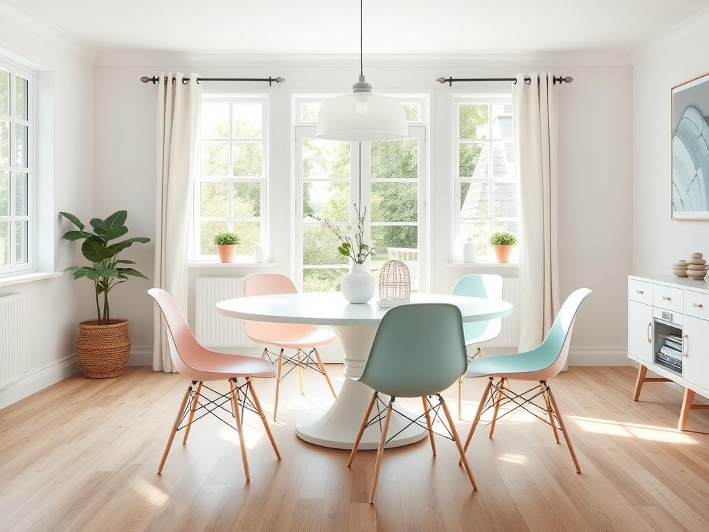 Witte eettafel met pastelkleurige stoelen in verschillende tinten Witte eettafel met pastelkleurige stoelen in verschillende tinten
