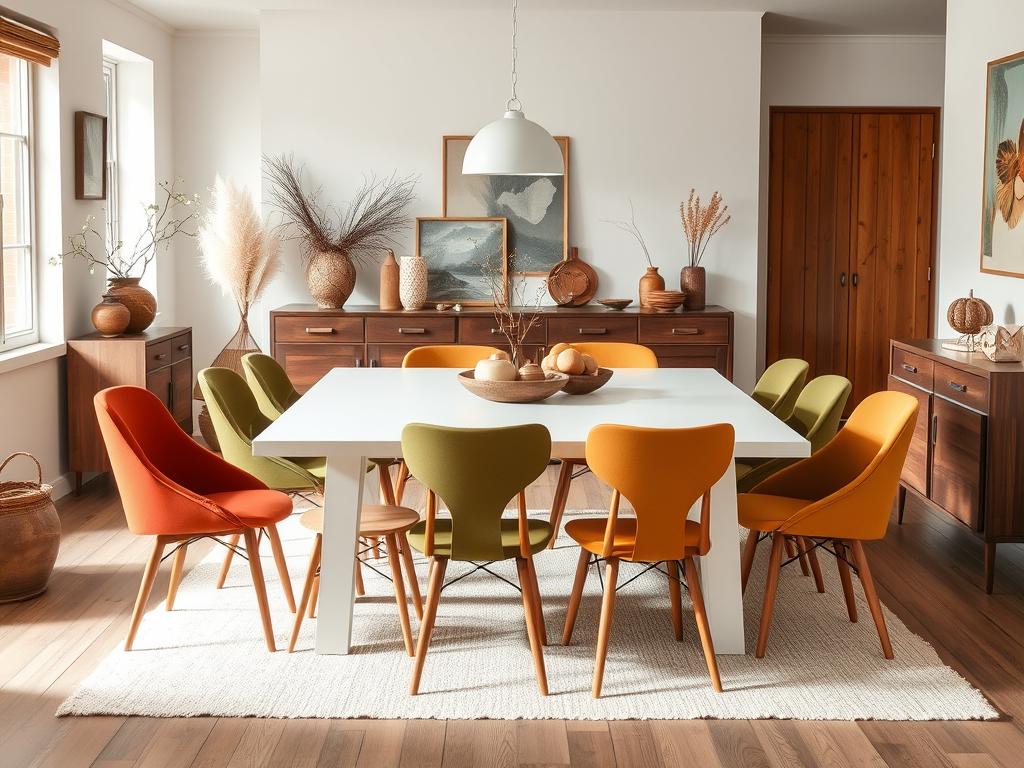 Witte eettafel met stoelen in warme aardetinten zoals terracotta en olijfgroen Witte eettafel met stoelen in warme aardetinten zoals terracotta en olijfgroen