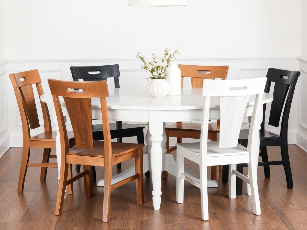 Witte eettafel met verschillende houten stoelen in diverse afwerkingen Witte eettafel met verschillende houten stoelen in diverse afwerkingen