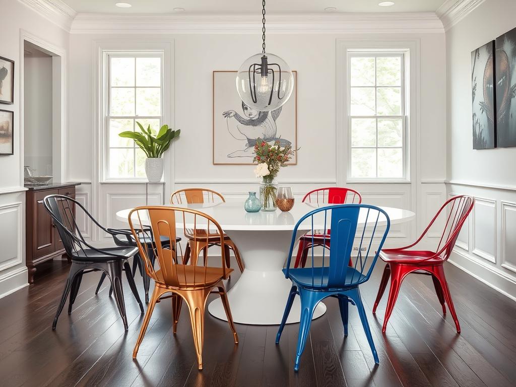 Witte eettafel met verschillende metalen stoelen in diverse kleuren en afwerkingen Witte eettafel met verschillende metalen stoelen in diverse kleuren en afwerkingen