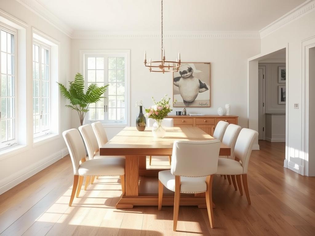 Witte en beige stoelen rondom een eikenhouten eettafel in een licht interieur Witte en beige stoelen rondom een eikenhouten eettafel in een licht interieur
