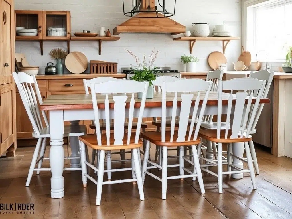 Witte houten stoelen in een landelijke keuken Witte houten stoelen in een landelijke keuken